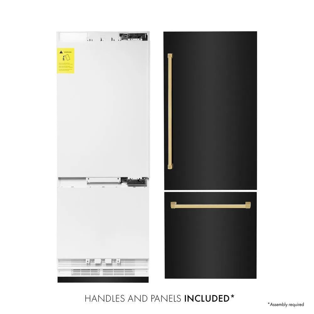 ZLINE Autograph Edition 30-inch refrigerator in black stainless steel with bright white interior and polished gold accents RBIVZ-BS-30-G, front view