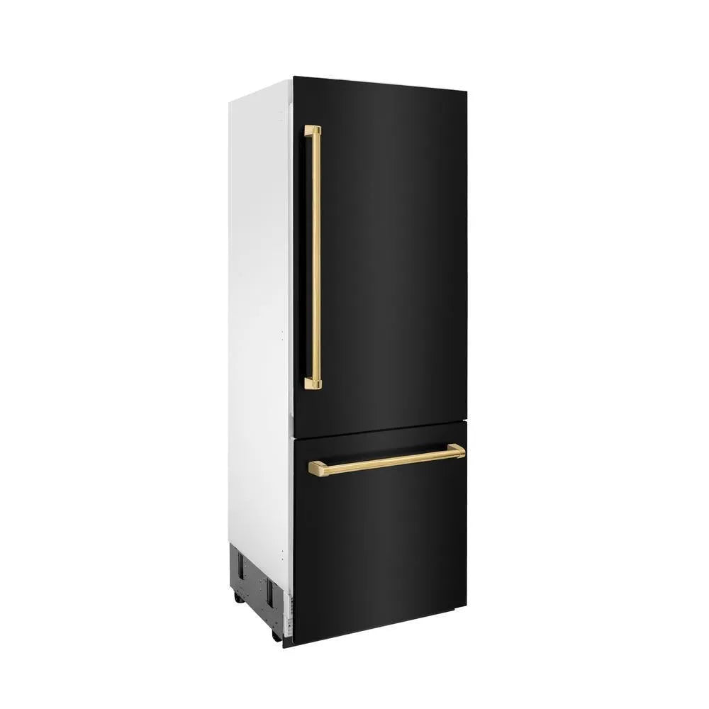 ZLINE Autograph Edition 30-inch refrigerator in black stainless steel with bright white interior and polished gold accents RBIVZ-BS-30-G, side view