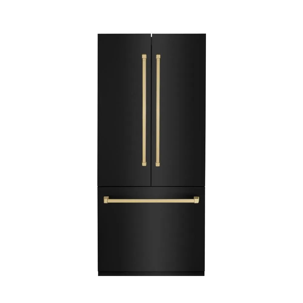 ZLINE Autograph Edition 36-inch refrigerator in black stainless steel with bright white interior and champagne bronze accents RBIVZ-BS-36-CB, front view