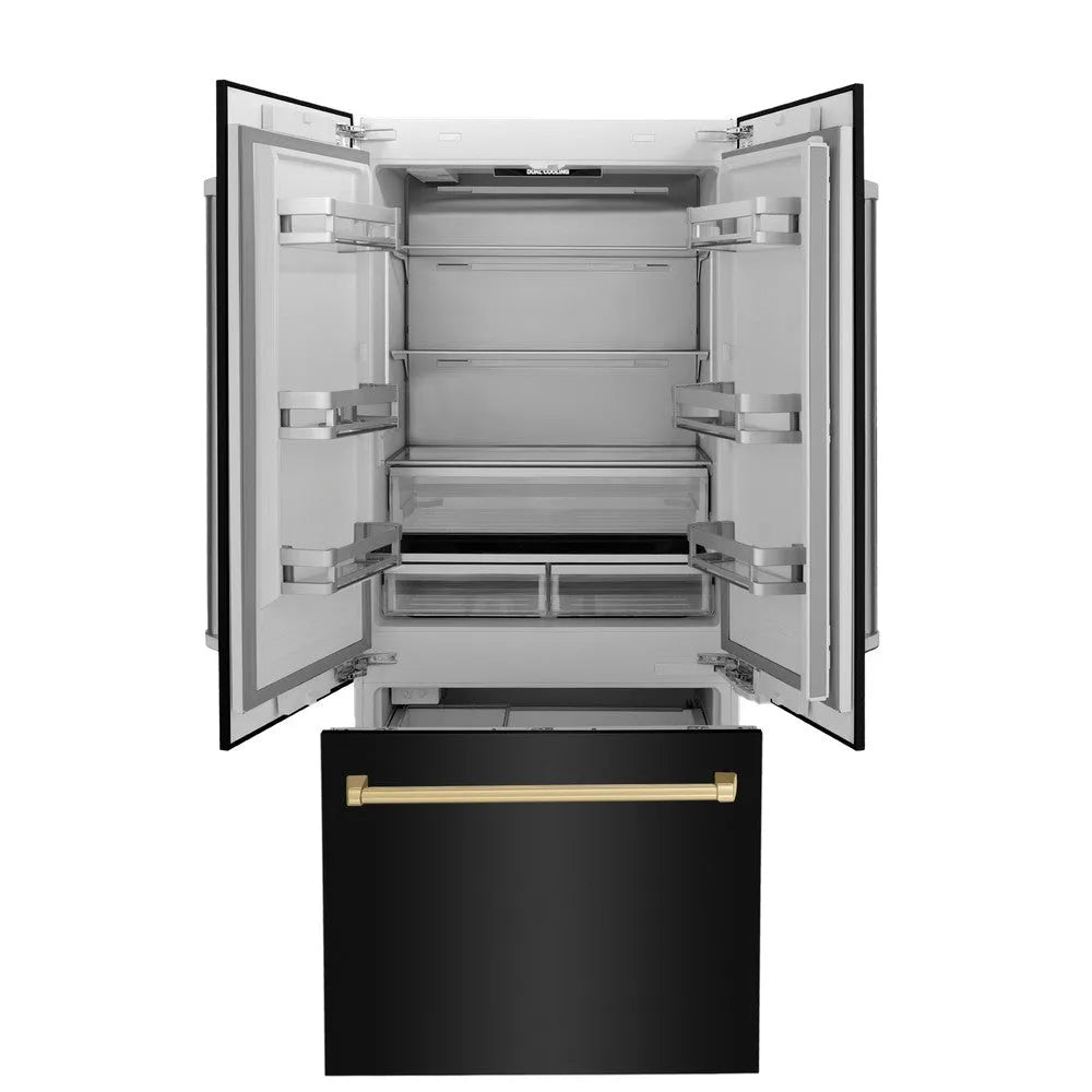 ZLINE Autograph Edition 36-inch refrigerator in black stainless steel with bright white interior and champagne bronze accents RBIVZ-BS-36-CB, front view