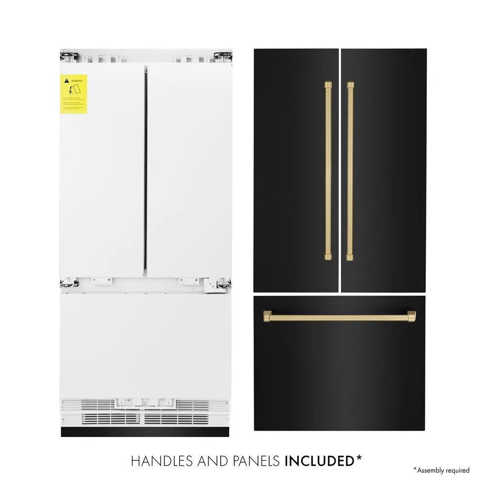ZLINE Autograph Edition 36-inch refrigerator in black stainless steel with bright white interior and champagne bronze accents RBIVZ-BS-36-CB, front view