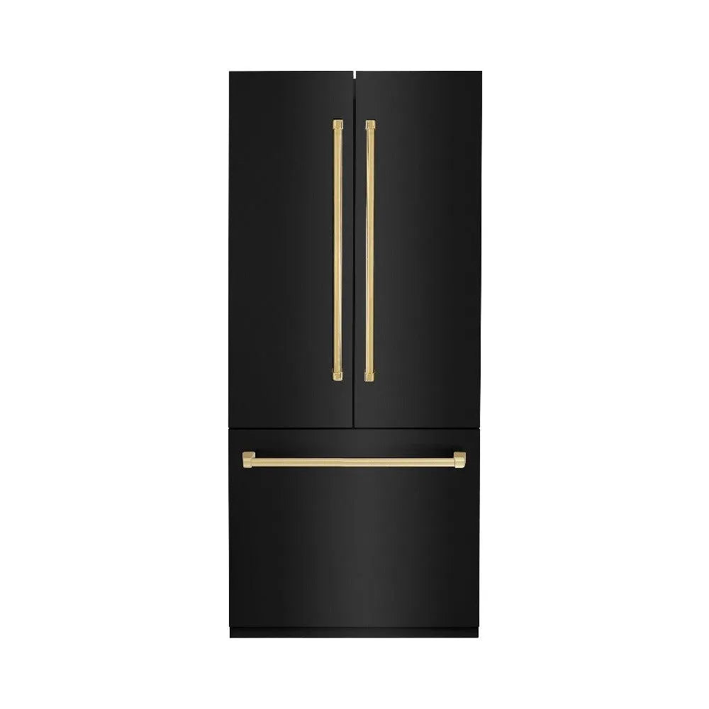 ZLINE Autograph Edition 36-inch refrigerator in black stainless steel with bright white interior and polished gold accents RBIVZ-BS-36-G