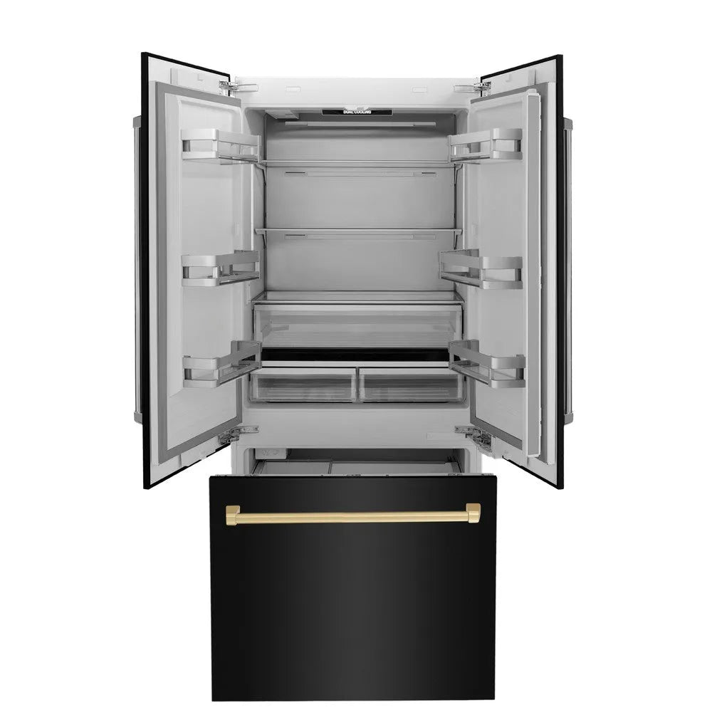 ZLINE Autograph Edition 36-inch refrigerator in black stainless steel with bright white interior and polished gold accents RBIVZ-BS-36-G, front view