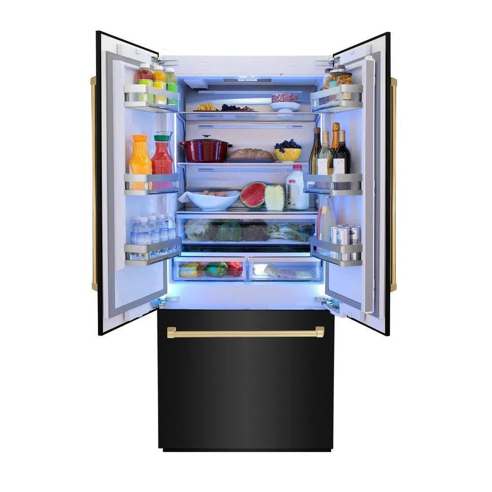 ZLINE Autograph Edition 36-inch refrigerator in black stainless steel with bright white interior and polished gold accents RBIVZ-BS-36-G, front view