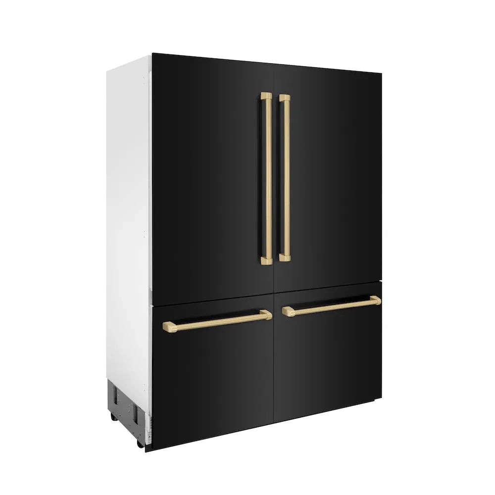 ZLINE Autograph Edition 60-inch refrigerator in black stainless steel with bright white interior and champagne bronze accents RBIVZ-BS-60-CB, side view