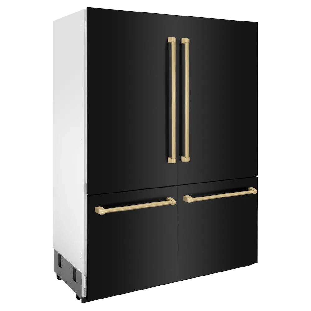 ZLINE Autograph Edition 60-inch refrigerator in black stainless steel with bright white interior and champagne bronze accents RBIVZ-BS-60-CB, side view