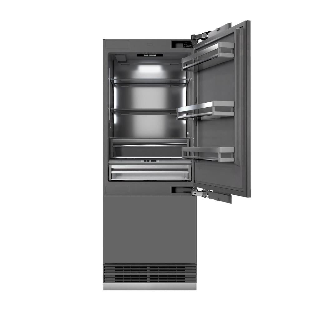 ZLINE Autograph Edition 30-inch refrigerator, panel ready with graphite gray interior and polished gold accents GRBIVZ-30-G, front view