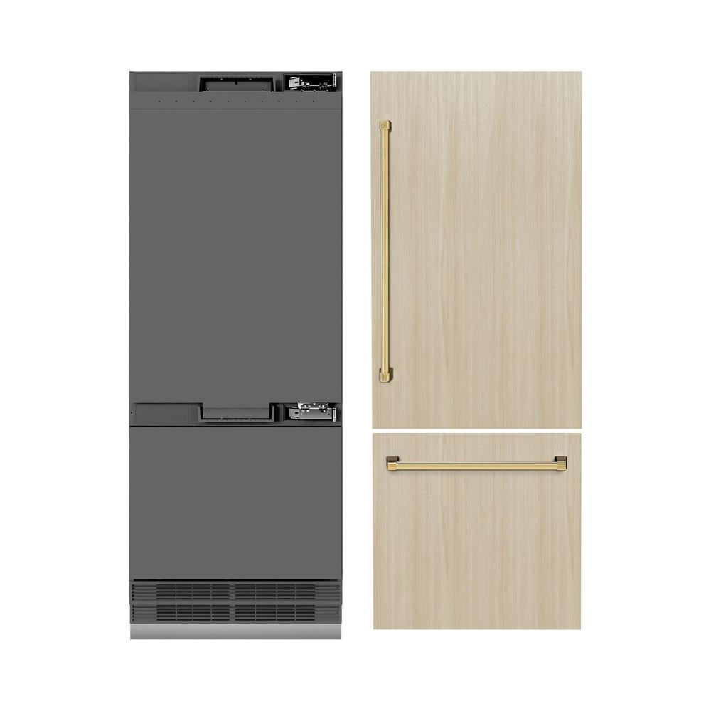 ZLINE Autograph Edition 30-inch refrigerator, panel ready with graphite gray interior and polished gold accents GRBIVZ-30-G, front view