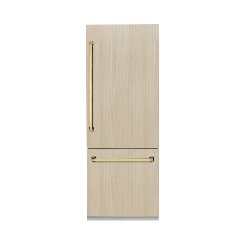 ZLINE Autograph Edition 30-inch refrigerator, panel ready with graphite gray interior and polished gold accents GRBIVZ-30-G, front view