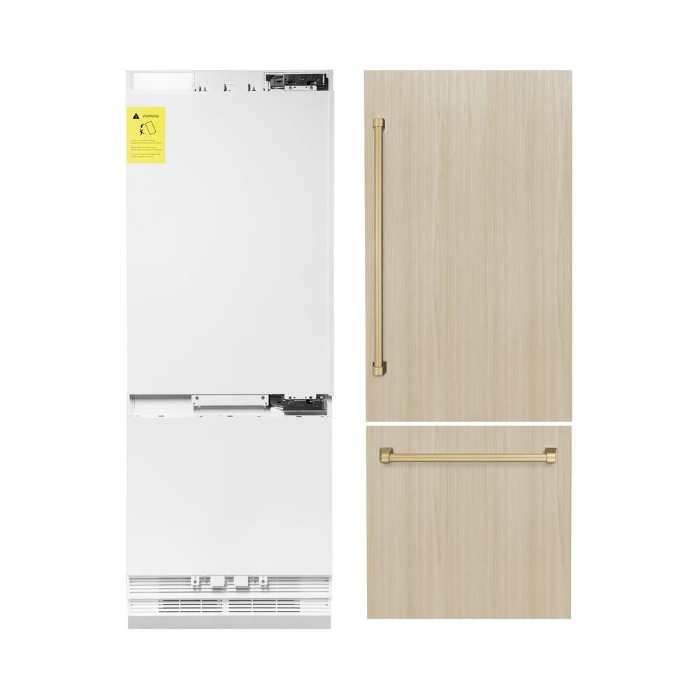 ZLINE Autograph Edition 30-inch refrigerator, panel ready with bright white interior and champagne bronze accents RBIVZ-30-CB, front view