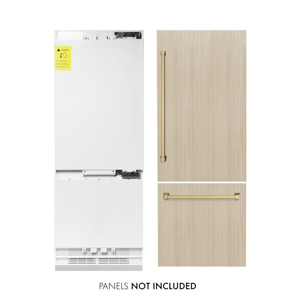 ZLINE Autograph Edition 30-inch refrigerator, panel ready with bright white interior and champagne bronze accents RBIVZ-30-CB