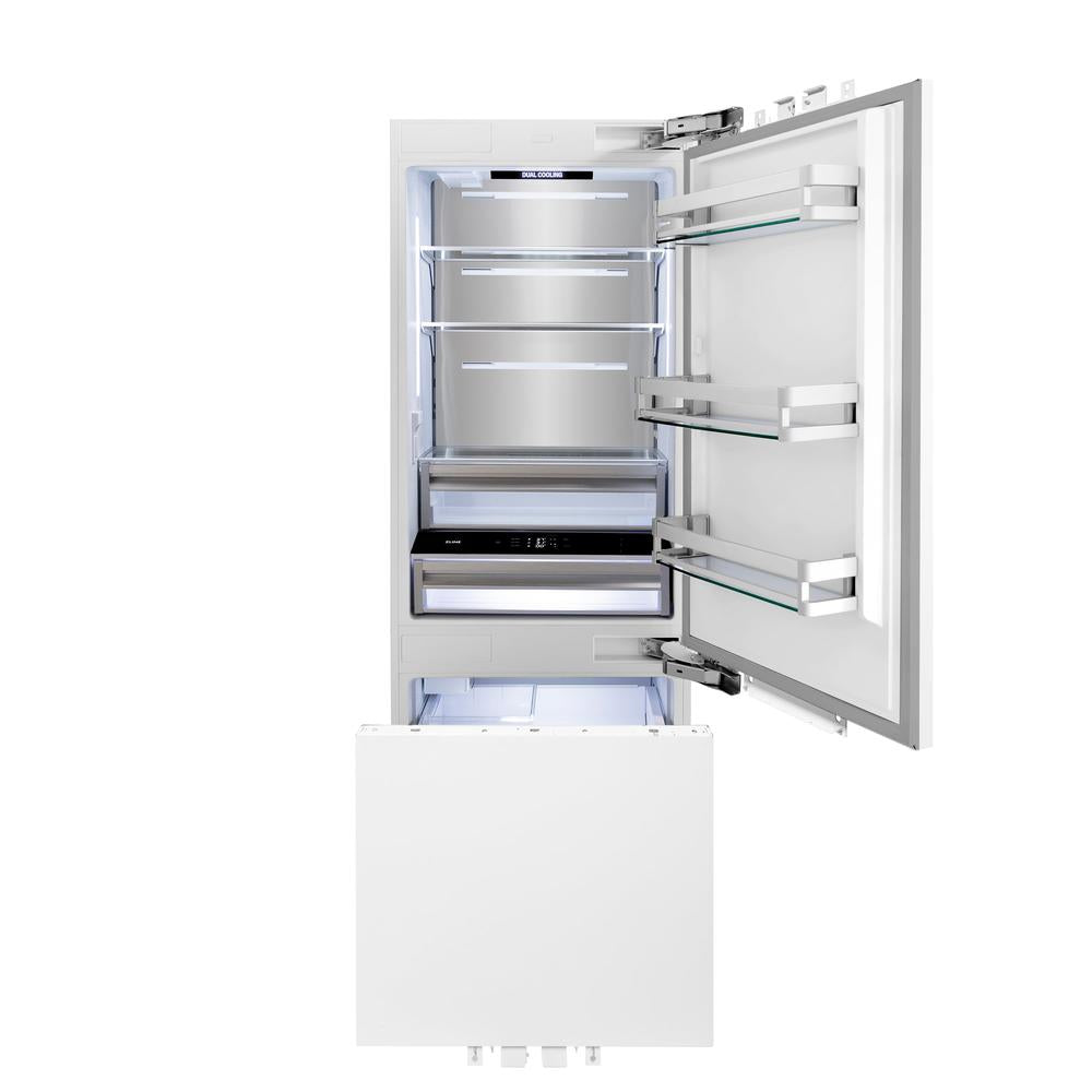 ZLINE Autograph Edition 30-inch refrigerator, panel ready with bright white interior and matte black accents RBIVZ-30-MB, front view