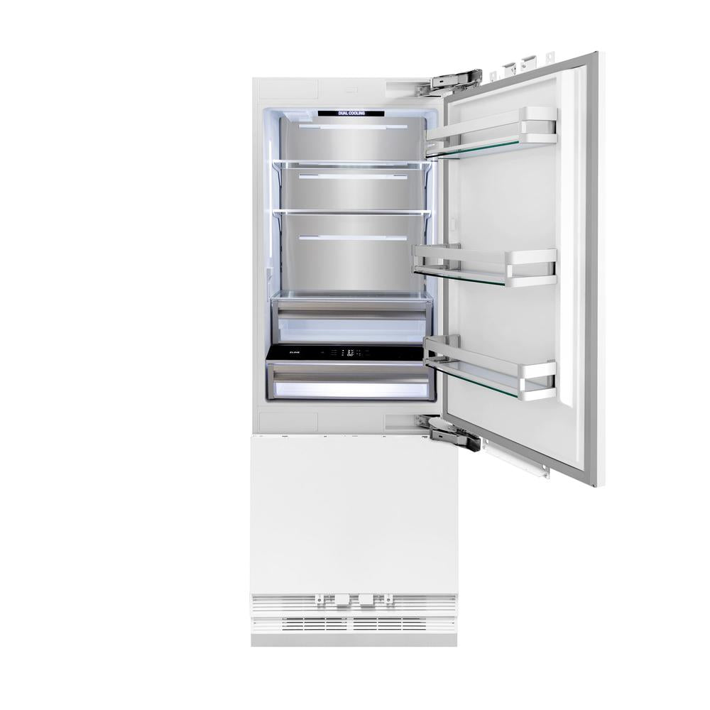 ZLINE Autograph Edition 30-inch refrigerator, panel ready with bright white interior and matte black accents RBIVZ-30-MB, front view