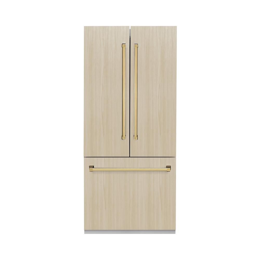 ZLINE Autograph Edition 36-inch refrigerator, panel ready with bright white interior and polished gold accents RBIVZ-36-G, front view