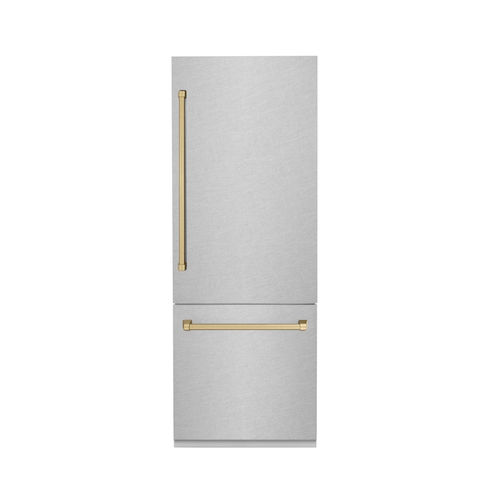 ZLINE Autograph Edition 30-inch refrigerator in satin stainless steel with bright white interior and champagne bronze accents RBIVZ-SN-30-CB, front view