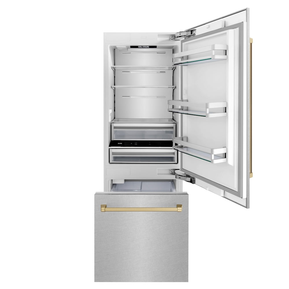 ZLINE Autograph Edition 30-inch refrigerator in satin stainless steel with bright white interior and champagne bronze accents RBIVZ-SN-30-CB, front view