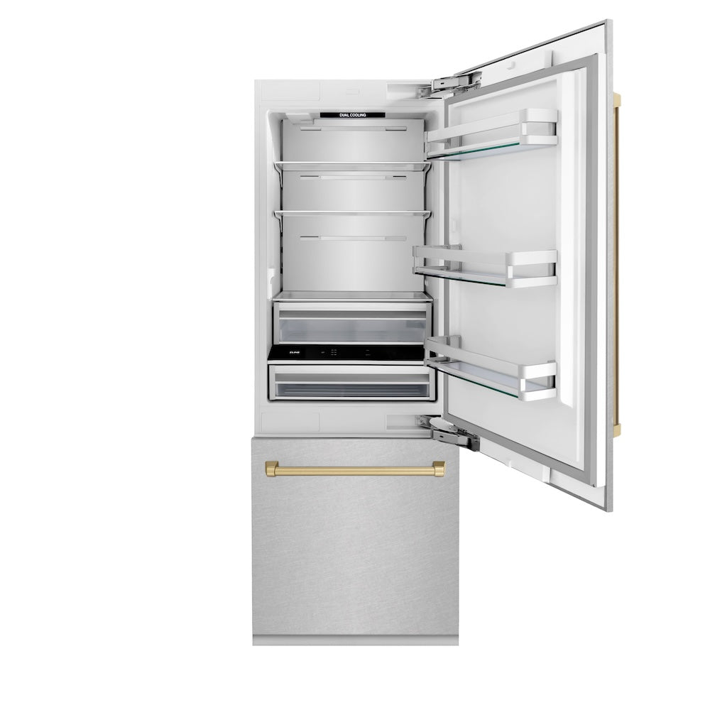 ZLINE Autograph Edition 30-inch refrigerator in satin stainless steel with bright white interior and champagne bronze accents RBIVZ-SN-30-CB, front view