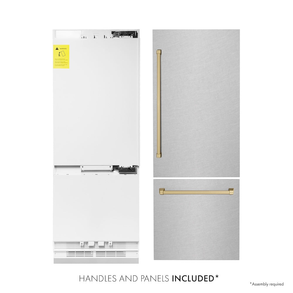 ZLINE Autograph Edition 30-inch refrigerator in satin stainless steel with bright white interior and champagne bronze accents RBIVZ-SN-30-CB, front view