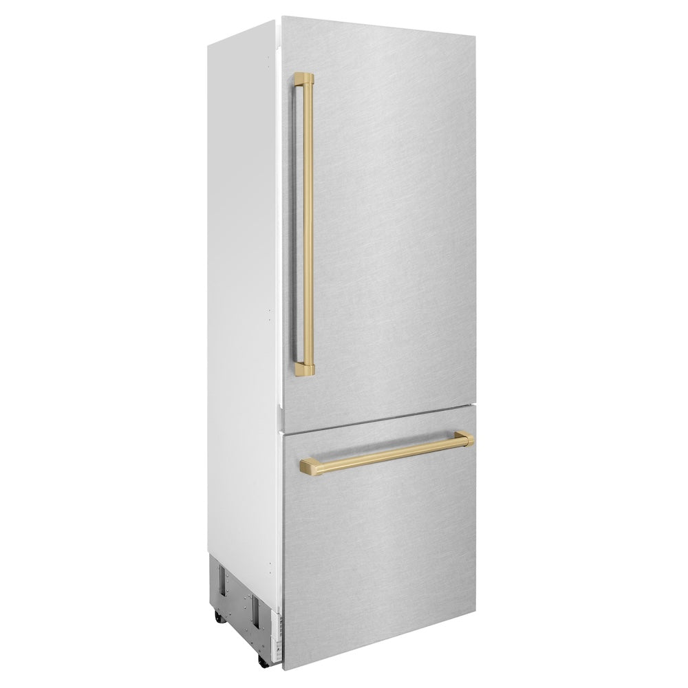 ZLINE Autograph Edition 30-inch refrigerator in satin stainless steel with bright white interior and champagne bronze accents RBIVZ-SN-30-CB, side view