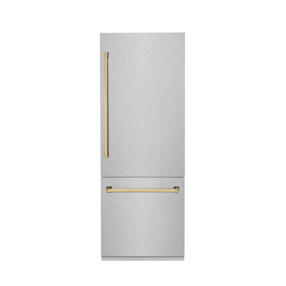 ZLINE Autograph Edition 30-inch refrigerator in satin stainless steel with bright white interior and polished gold accents RBIVZ-SN-30-G, front view