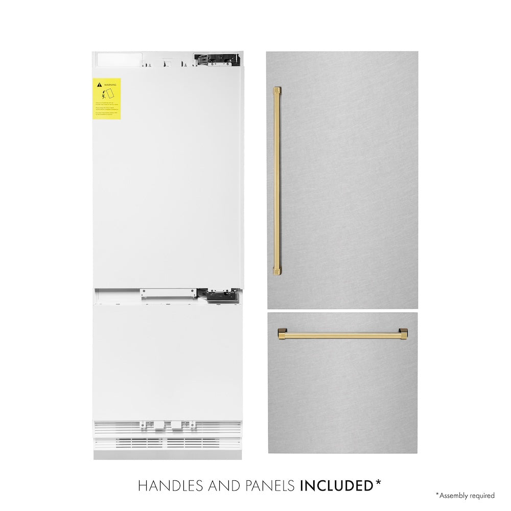 ZLINE Autograph Edition 30-inch refrigerator in satin stainless steel with bright white interior and polished gold accents RBIVZ-SN-30-G, front view