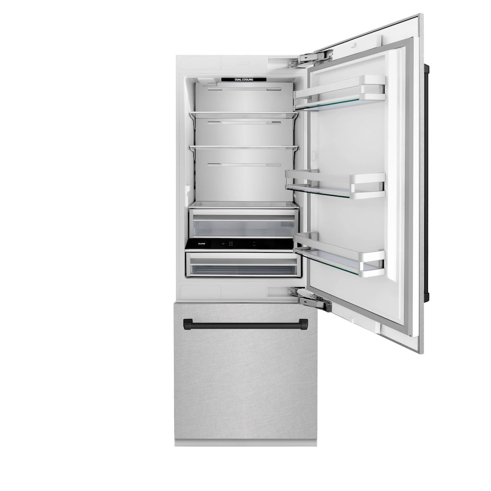 ZLINE Autograph Edition 30-inch refrigerator in satin stainless steel with bright white interior and matte black accents RBIVZ-SN-30-MB, front view