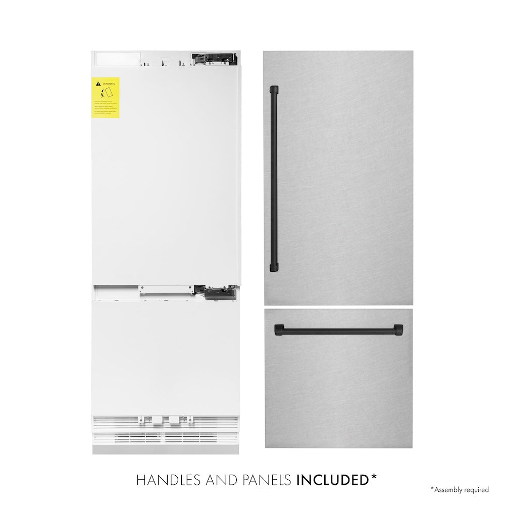 ZLINE Autograph Edition 30-inch refrigerator in satin stainless steel with bright white interior and matte black accents RBIVZ-SN-30-MB, front view