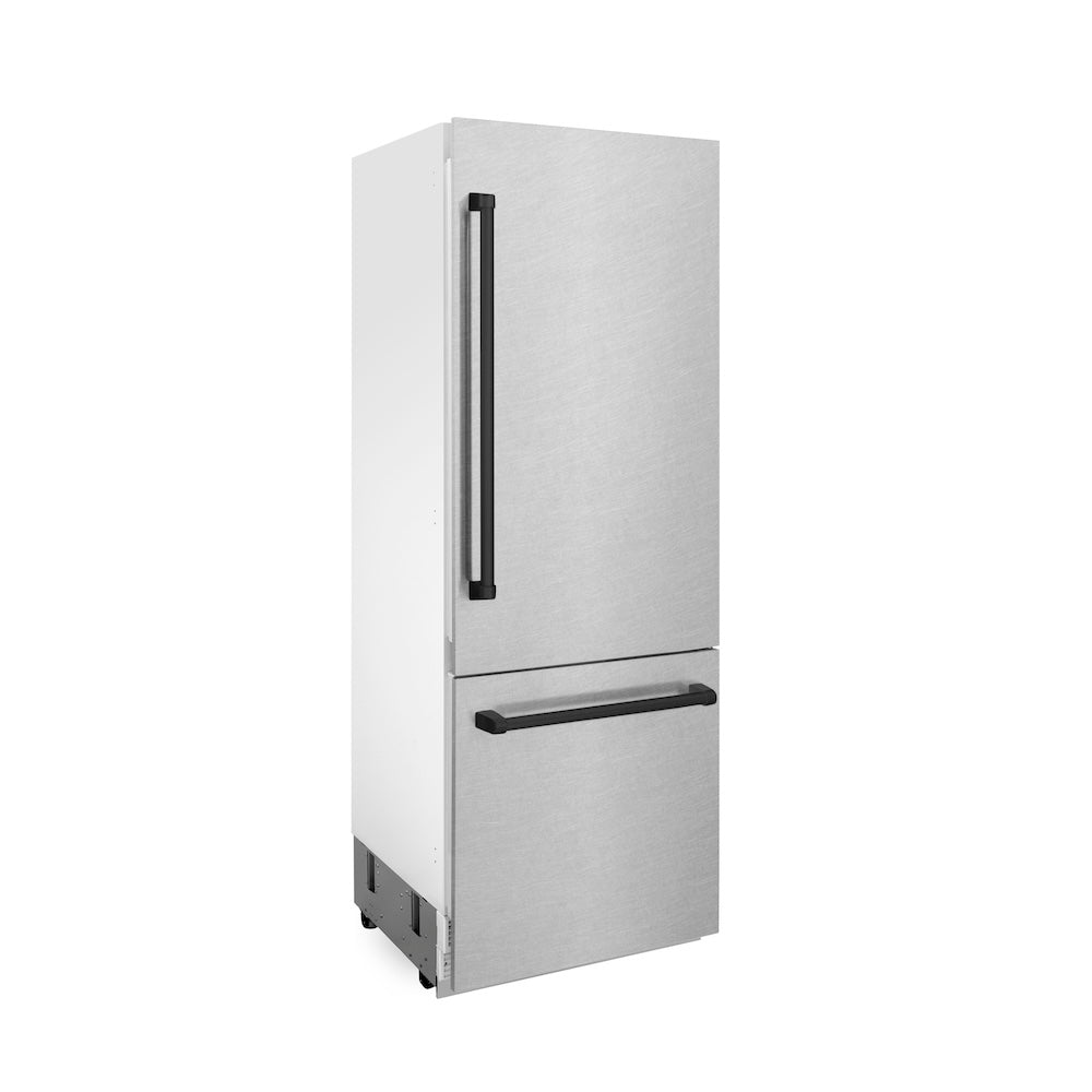 ZLINE Autograph Edition 30-inch refrigerator in satin stainless steel with bright white interior and matte black accents RBIVZ-SN-30-MB, side view