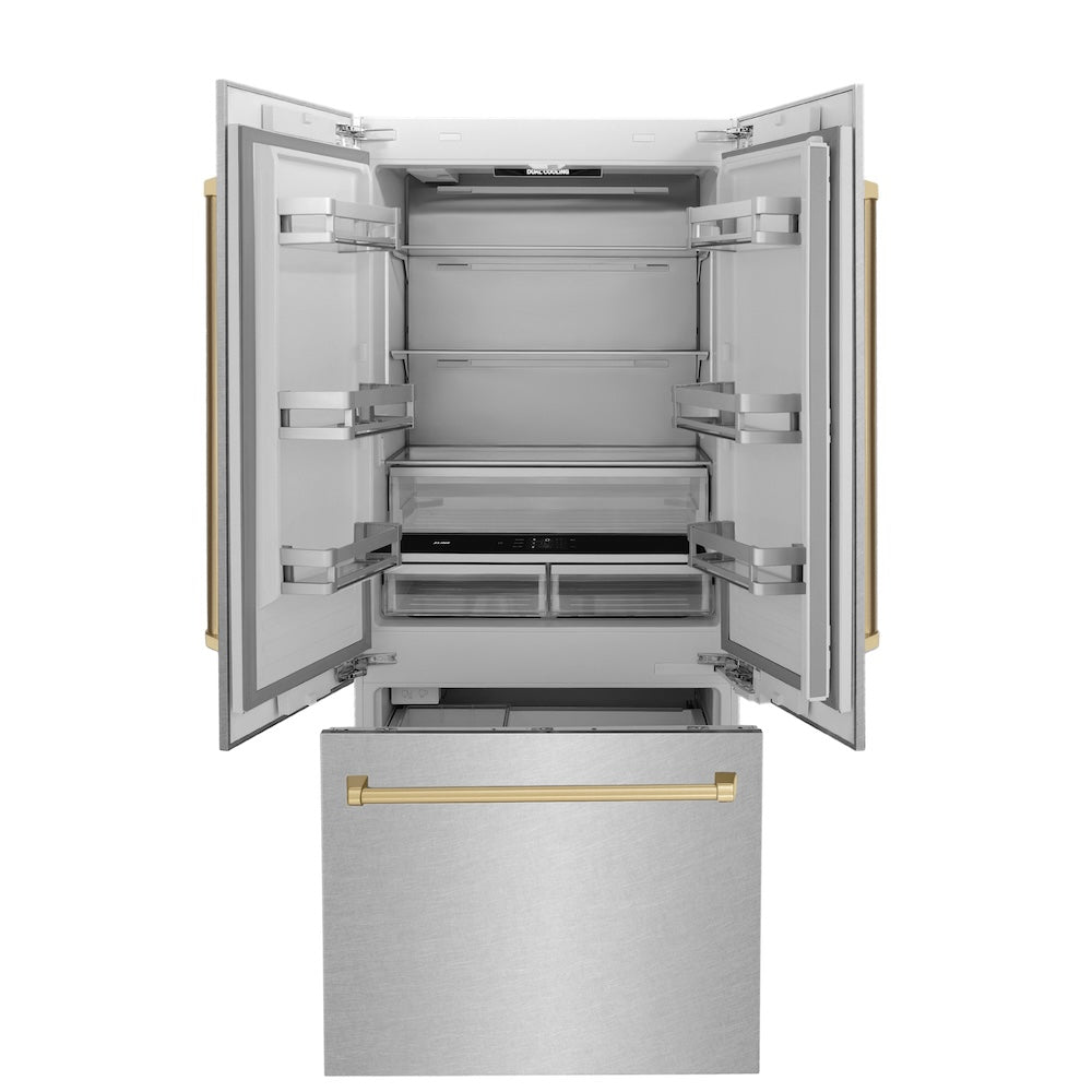 ZLINE Autograph Edition 36-inch refrigerator in satin stainless steel with bright white interior and champagne bronze accents RBIVZ-SN-36-CB, front view