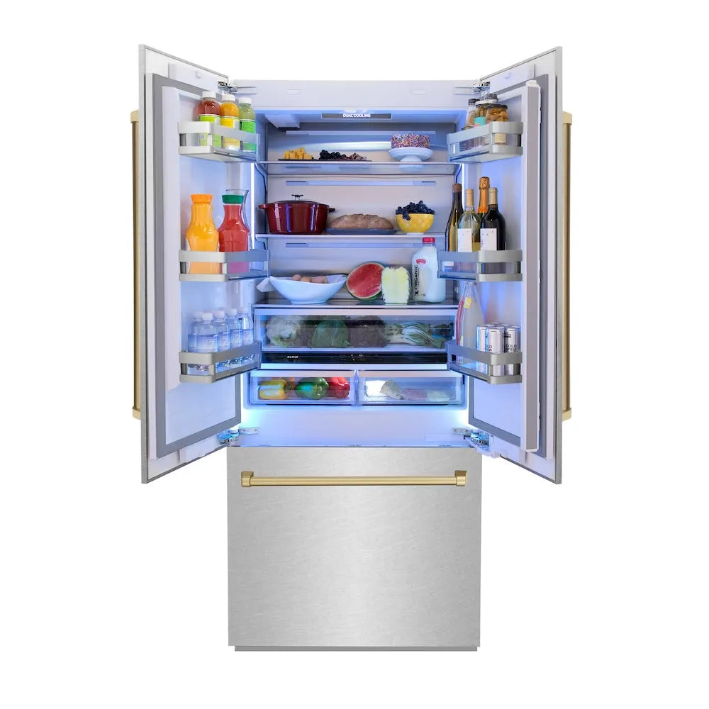 ZLINE Autograph Edition 36-inch refrigerator in satin stainless steel with bright white interior and champagne bronze accents RBIVZ-SN-36-CB, front view