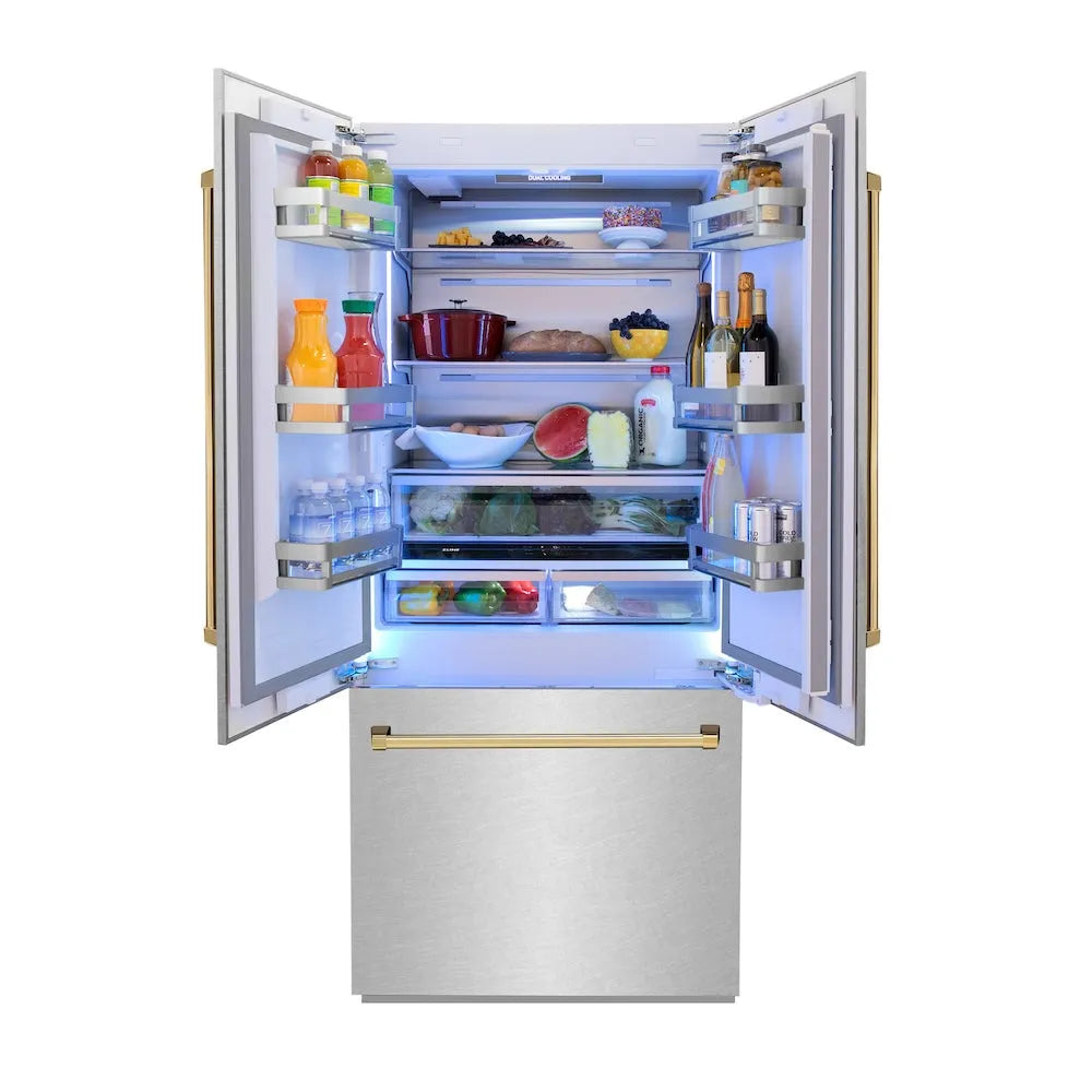 ZLINE Autograph Edition 36-inch refrigerator in satin stainless steel with bright white interior and polished gold accents RBIVZ-SN-36-G, front view