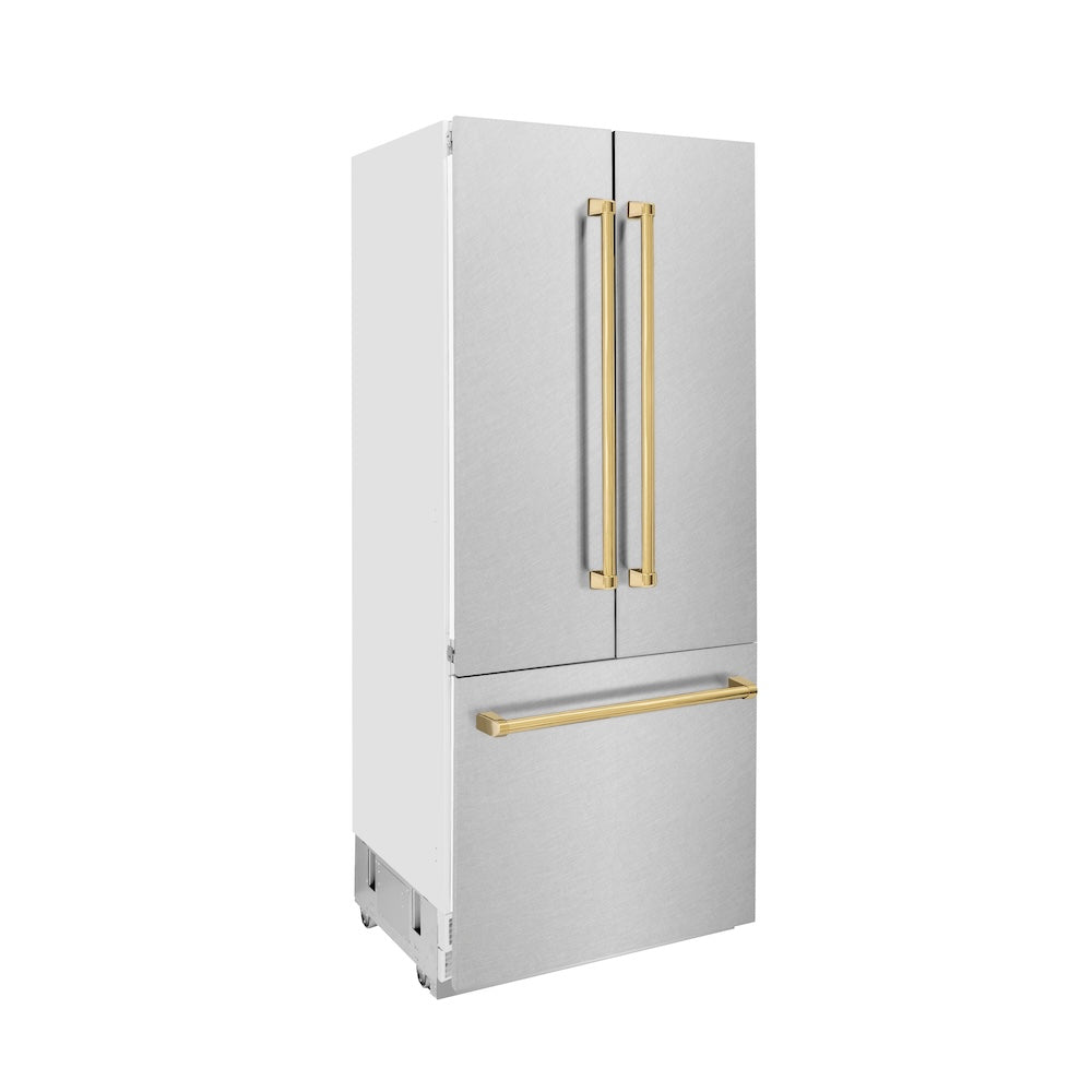 ZLINE Autograph Edition 36-inch refrigerator in satin stainless steel with bright white interior and polished gold accents RBIVZ-SN-36-G, side view