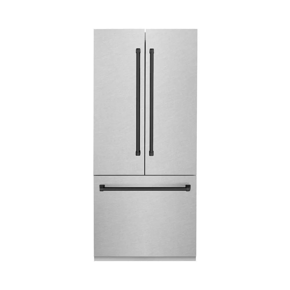ZLINE Autograph Edition 36-inch refrigerator in satin stainless steel with bright white interior and matte black accents RBIVZ-SN-36-MB