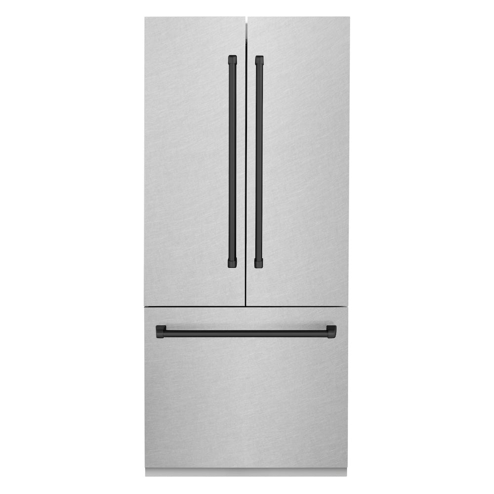 ZLINE Autograph Edition 36-inch refrigerator in satin stainless steel with bright white interior and matte black accents RBIVZ-SN-36-MB, front view