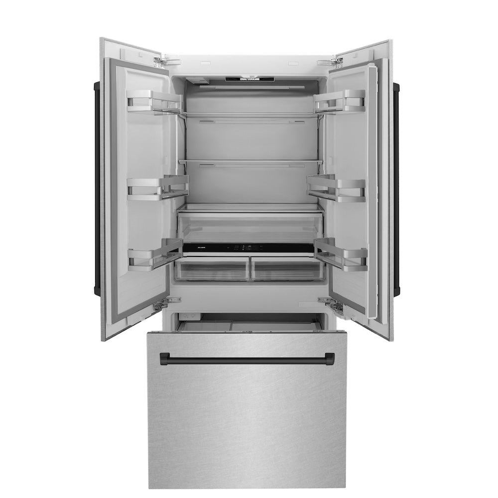 ZLINE Autograph Edition 36-inch refrigerator in satin stainless steel with bright white interior and matte black accents RBIVZ-SN-36-MB, front view