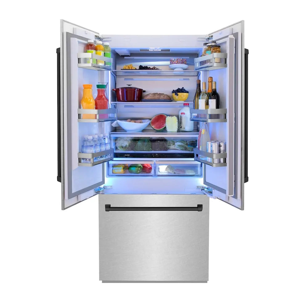 ZLINE Autograph Edition 36-inch refrigerator in satin stainless steel with bright white interior and matte black accents RBIVZ-SN-36-MB, front view
