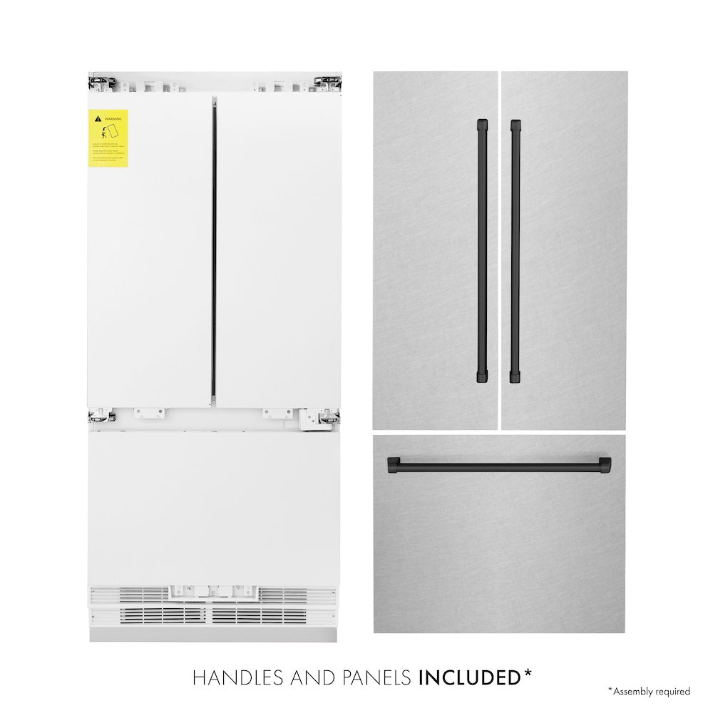 ZLINE Autograph Edition 36-inch refrigerator in satin stainless steel with bright white interior and matte black accents RBIVZ-SN-36-MB, front view
