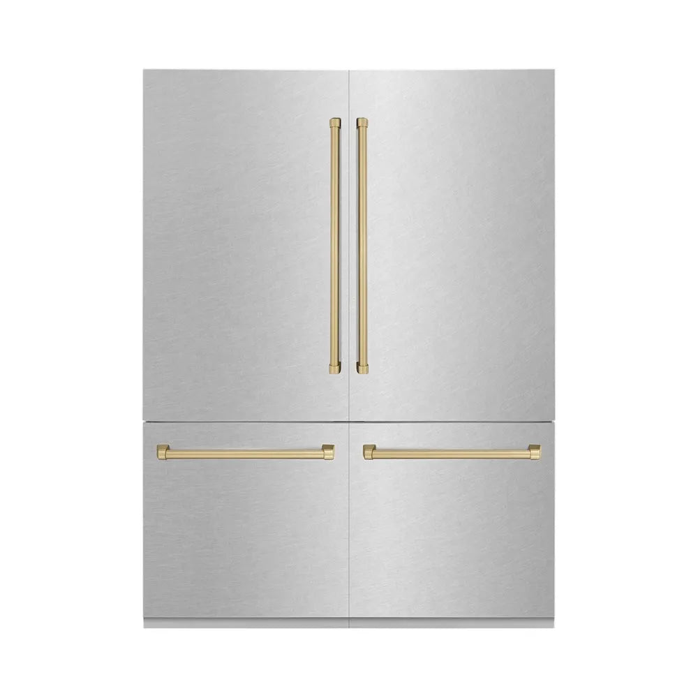 ZLINE Autograph Edition 60-inch refrigerator in satin stainless steel with bright white interior and champagne bronze accents RBIVZ-SN-60-CB