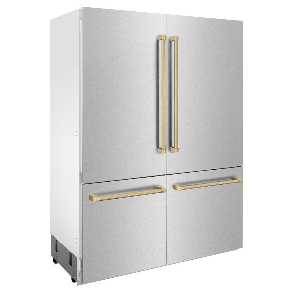 ZLINE Autograph Edition 60-inch refrigerator in satin stainless steel with bright white interior and champagne bronze accents RBIVZ-SN-60-CB, side view