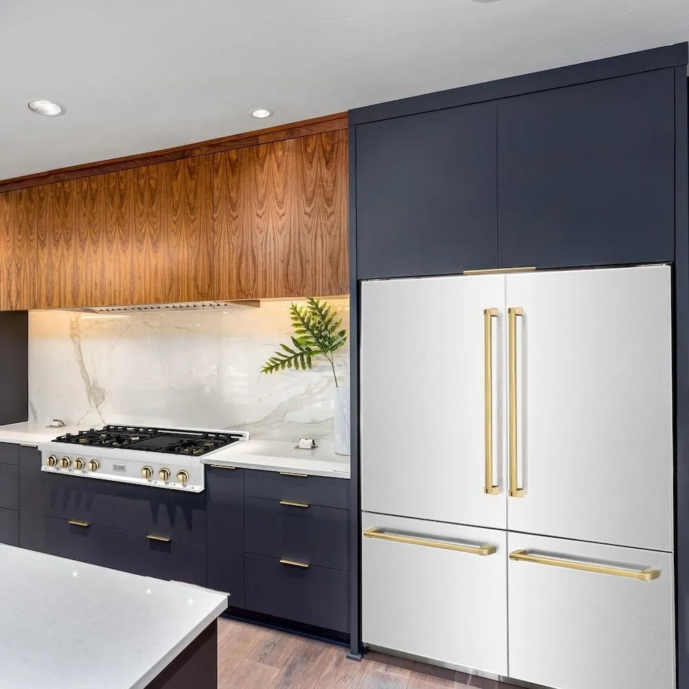 ZLINE Autograph Edition 60-inch refrigerator in satin stainless steel with bright white interior and polished gold accents RBIVZ-SN-60-G, front view