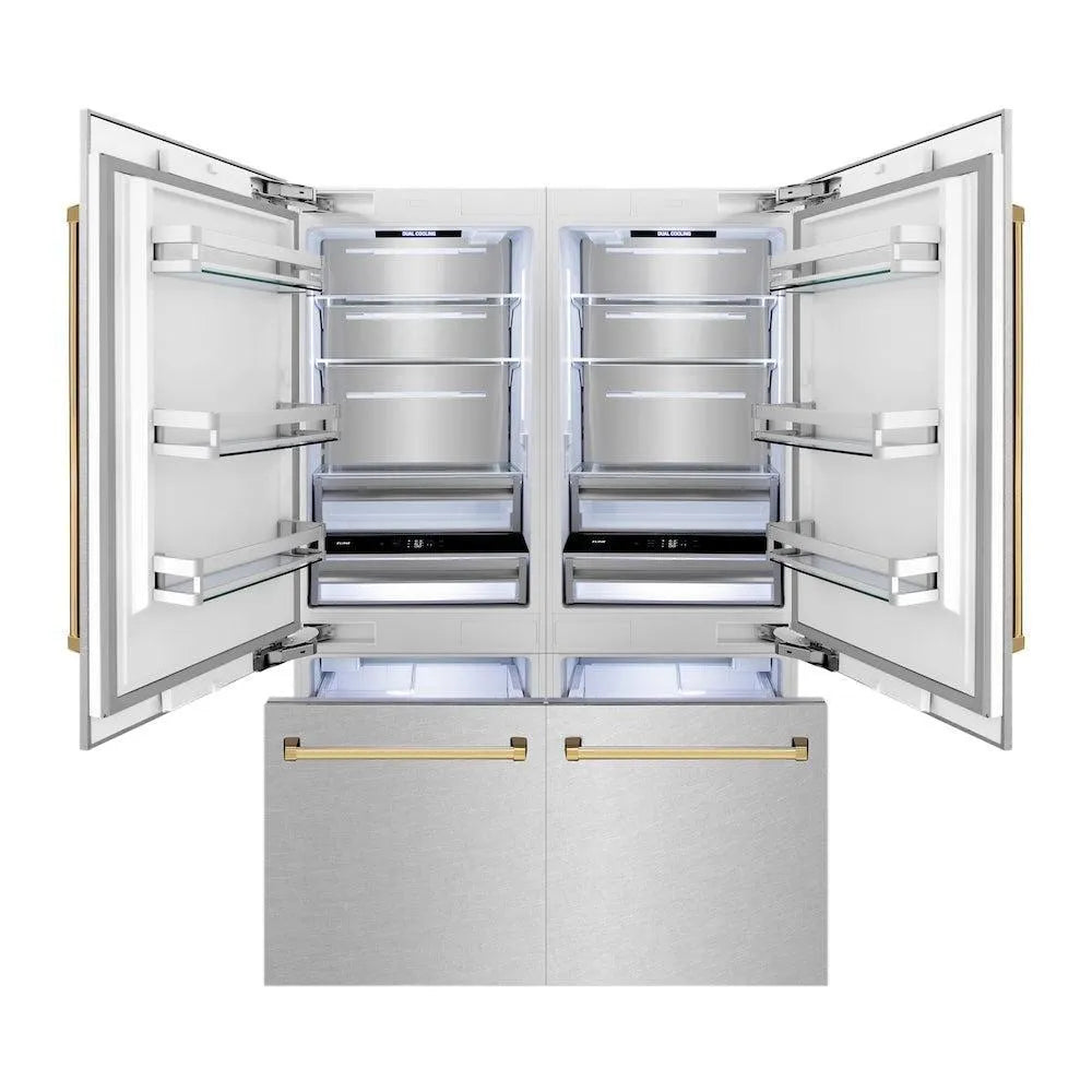 ZLINE Autograph Edition 60-inch refrigerator in satin stainless steel with bright white interior and polished gold accents RBIVZ-SN-60-G, front view