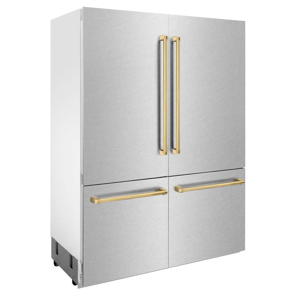 ZLINE Autograph Edition 60-inch refrigerator in satin stainless steel with bright white interior and polished gold accents RBIVZ-SN-60-G, side view