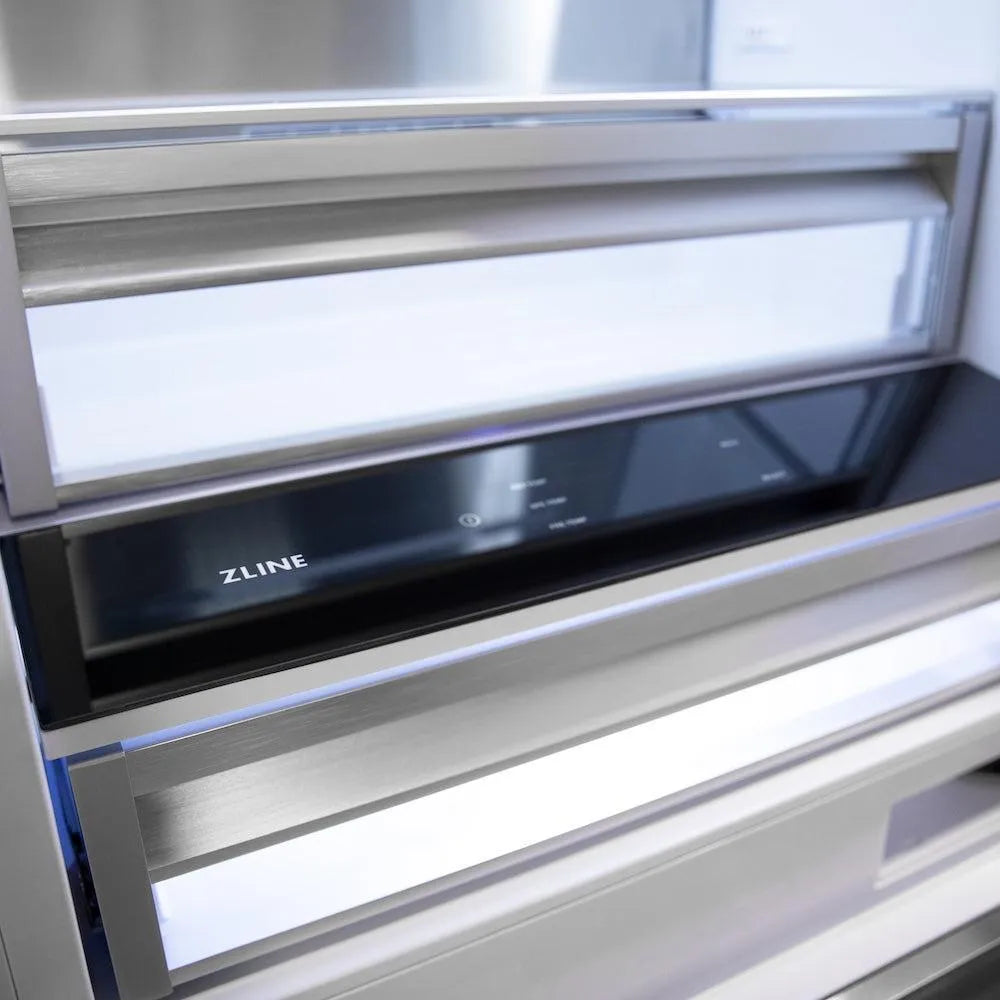 ZLINE Autograph Edition 60-inch refrigerator in satin stainless steel with bright white interior and matte black accents RBIVZ-SN-60-MB, detail
