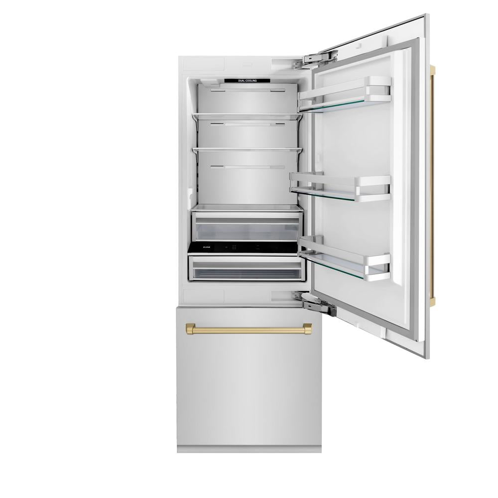 ZLINE Autograph Edition 30-inch refrigerator in stainless steel with bright white interior and champagne bronze accents RBIVZ-304-30-CB, front view