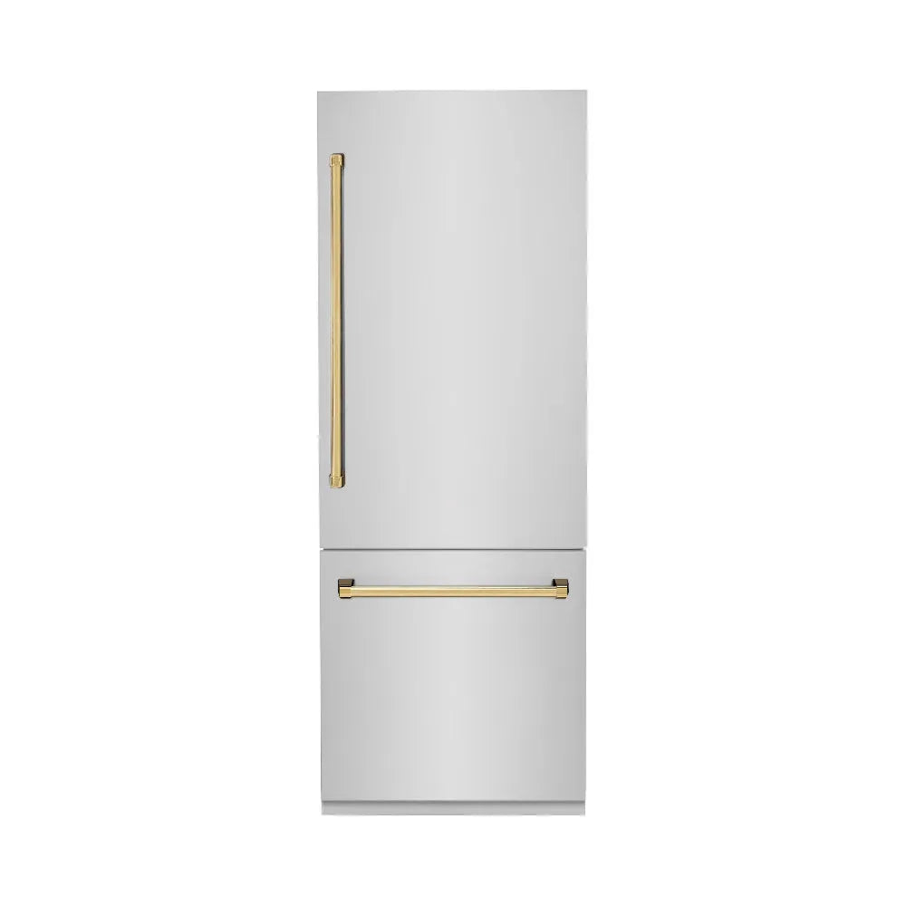 ZLINE Autograph Edition 30-inch refrigerator in stainless steel with bright white interior and polished gold accents RBIVZ-304-30-G