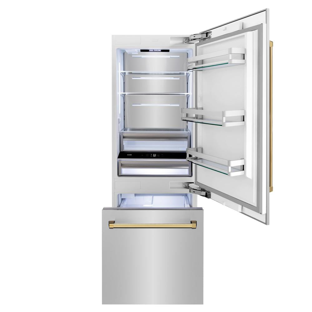 ZLINE Autograph Edition 30-inch refrigerator in stainless steel with bright white interior and polished gold accents RBIVZ-304-30-G, front view