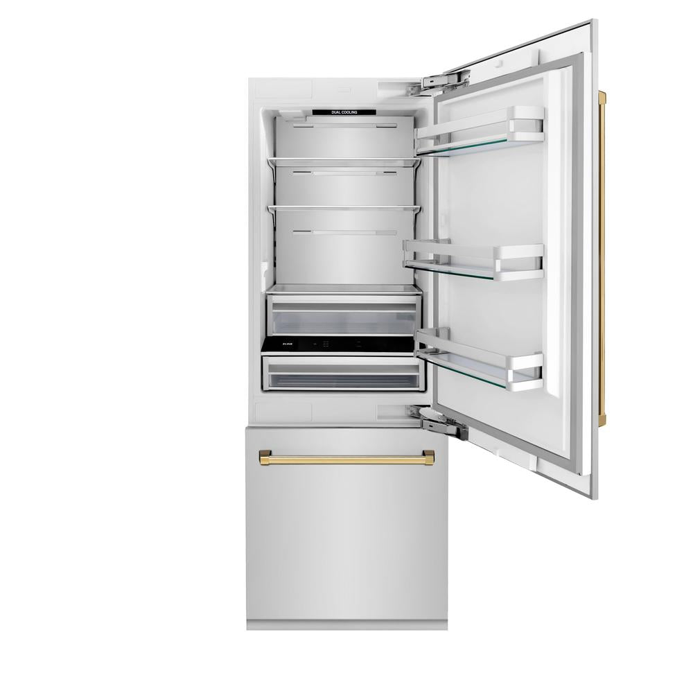 ZLINE Autograph Edition 30-inch refrigerator in stainless steel with bright white interior and polished gold accents RBIVZ-304-30-G, front view