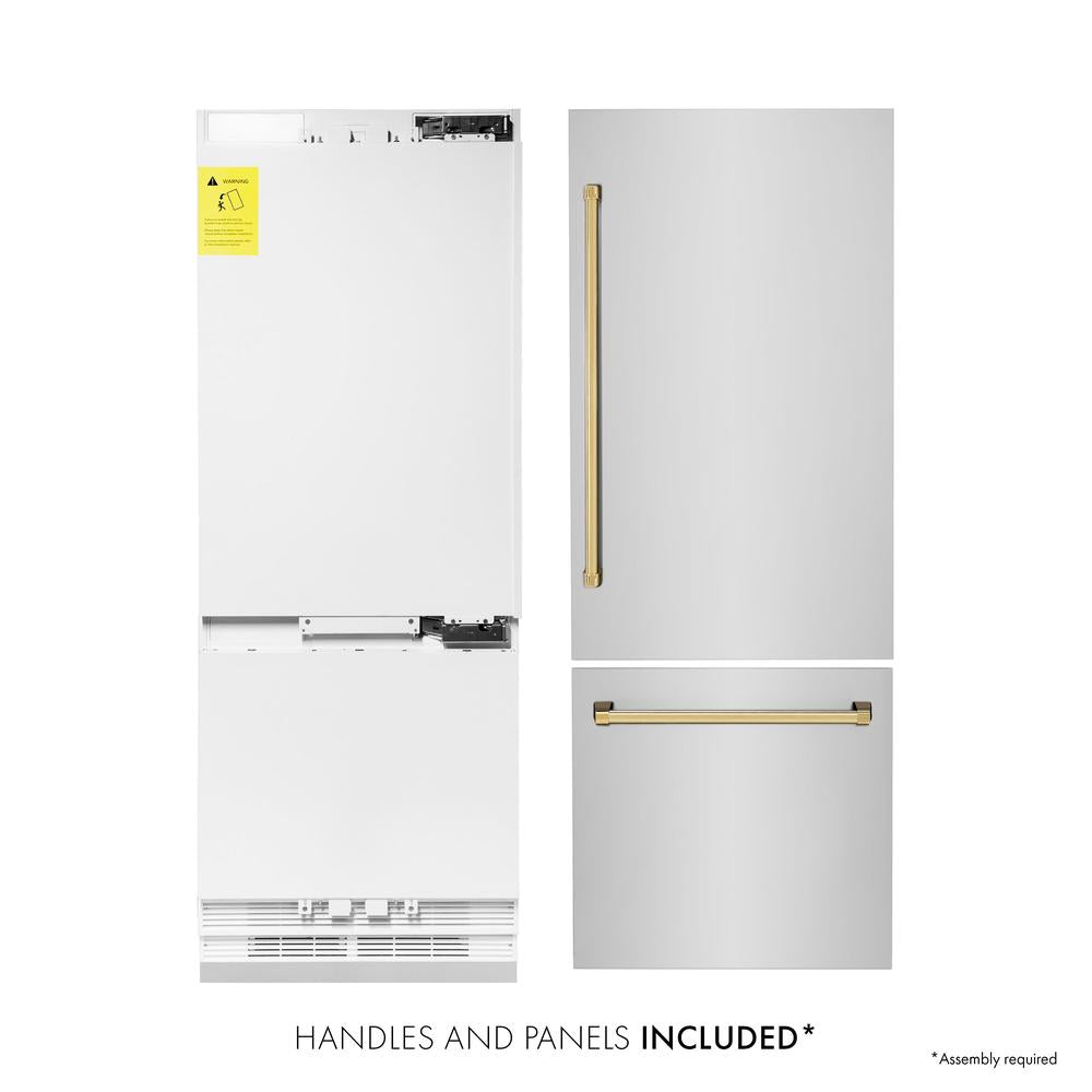 ZLINE Autograph Edition 30-inch refrigerator in stainless steel with bright white interior and polished gold accents RBIVZ-304-30-G, front view