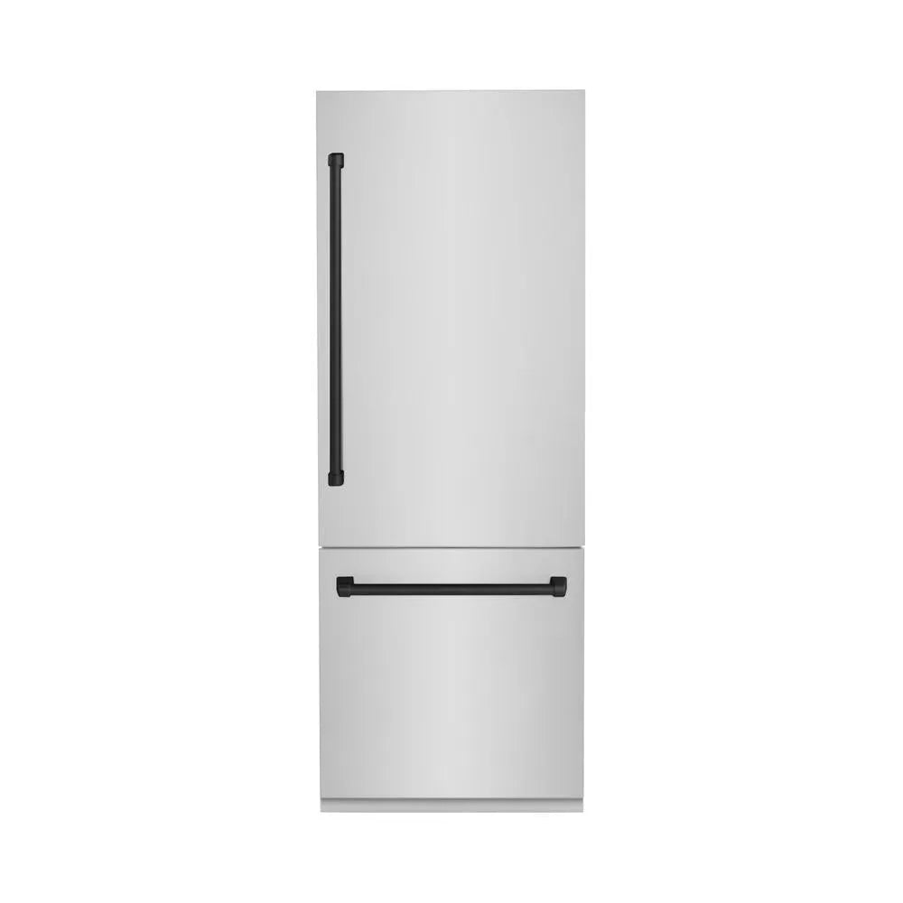 ZLINE Autograph Edition 30-inch refrigerator in stainless steel with bright white interior and matte black accents RBIVZ-304-30-MB