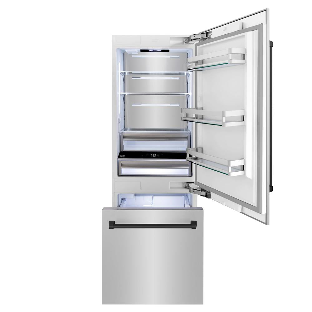 ZLINE Autograph Edition 30-inch refrigerator in stainless steel with bright white interior and matte black accents RBIVZ-304-30-MB, front view